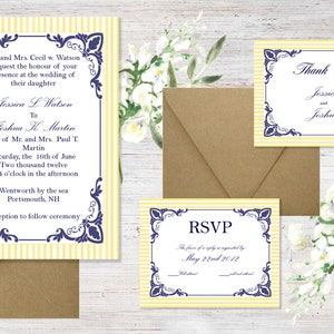 May include: A yellow and white striped wedding invitation with blue and white ornate borders. The invitation is for the wedding of Jessica L. Watson and Joshua K. Martin. The wedding will take place on Saturday, June 16th, 2012 at 4:00 PM in Wentworth by the sea, Portsmouth, NH. The invitation also includes an RSVP card with a May 22nd, 2012 deadline and a thank you card.