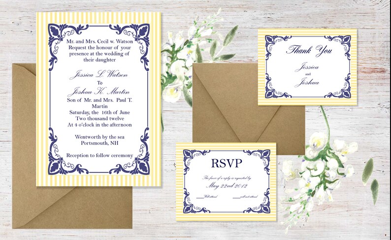 May include: A yellow and white striped wedding invitation with blue and white ornate borders. The invitation is for the wedding of Jessica L. Watson and Joshua K. Martin. The wedding will take place on Saturday, June 16th, 2012 at 4:00 PM in Wentworth by the sea, Portsmouth, NH. The invitation also includes an RSVP card with a May 22nd, 2012 deadline and a thank you card.