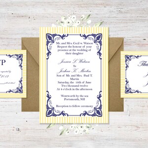 May include: Yellow and blue wedding invitation with a striped background and ornate border. The invitation reads "Mr. and Mrs. Cecil W. Watson Request the honour of your presence at the wedding of their daughter Jessica L. Watson to Joshua K. Martin Son of Mr. and Mrs. Paul T. Martin Saturday, the 16th of June Two thousand twelve At 4 o'clock in the afternoon Wentworth by the sea Portsmouth, NH Reception to follow ceremony".