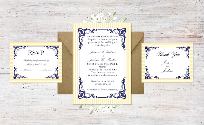 Downloadable Navy and Buttercream Yellow Invitation Suite