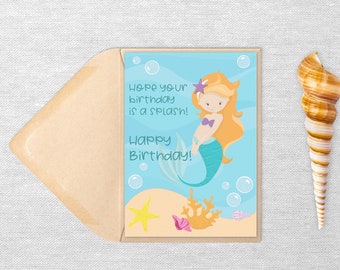 Printable Red Haired Mermaid Birthday Card