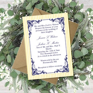 May include: Yellow and blue wedding invitation with a striped background and a decorative border. The invitation announces the wedding of Jessica L. Watson to Jeshwa St. Martin on Saturday, June 10th, 2012 at 4:00 PM at Wentworth by the Sea in Portsmouth, NH.