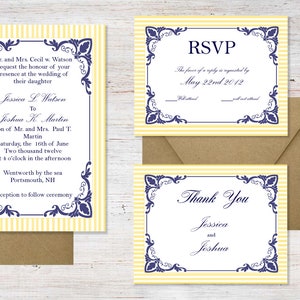 May include: A yellow and white striped wedding invitation with blue decorative borders. The invitation is for Jessica and Joshua's wedding on June 16th, 2012, at 4:00 PM in Portsmouth, NH. The RSVP card is yellow and white striped with blue decorative borders and requests a reply by May 22nd, 2012. The thank you card is yellow and white striped with blue decorative borders and says "Thank You Jessica and Joshua".