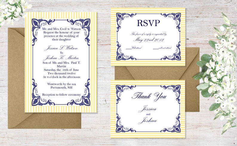 May include: A yellow and white striped wedding invitation with blue decorative borders. The invitation is for Jessica and Joshua's wedding on June 16th, 2012, at 4:00 PM in Portsmouth, NH. The RSVP card is yellow and white striped with blue decorative borders and requests a reply by May 22nd, 2012. The thank you card is yellow and white striped with blue decorative borders and says "Thank You Jessica and Joshua".