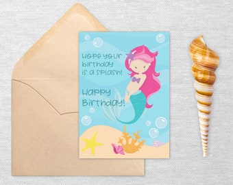 Printable Mermaid Birthday Card with Hot Pink Hair