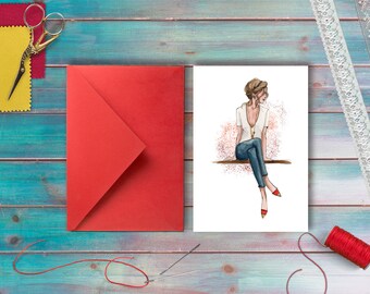 Digitale Mode Illustration Karte, druckbare leere Karte, Print at Home Fashion Note Card