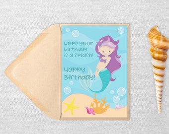 Purple Haired Mermaid Birthday Card - Printable