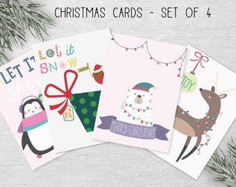 Set of 4 Fun Winter Animal Christmas Tree Cards - Printable - Download Instantly