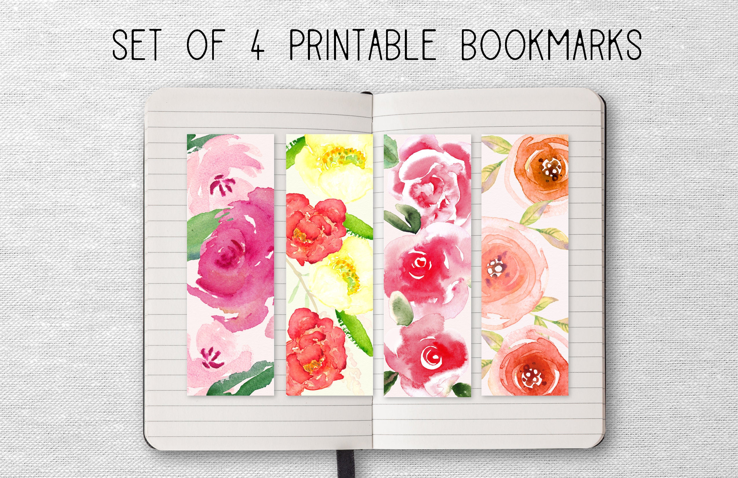 Watercolor Rose Printable Bookmarks Set Of4 Etsy