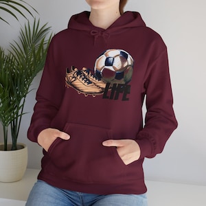 Dames/heren Soccer Life-sweater met capuchon, voetballeven, voetbalhoodie, voetbalmoederhoodie, voetbalmoedercadeau, voetbalsweater, voetbaltrui