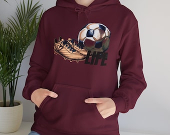 May include: Burgundy hoodie with a graphic of a soccer ball and cleats with the word "LIFE" printed below.
