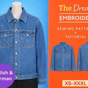 Może przedstawiać: Niebieska kurtka dżinsowa na manekinie, z widokiem z przodu i z tyłu. Kurtka ma dwie kieszenie na piersi i dwie kieszenie boczne. Tekst "The Dream Embroidery" znajduje się na górze, a pod nim "Sewing Pattern + Tutorial". Rozmiary XS-XXXL.