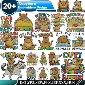 Op de afbeelding: Een verzameling van meer dan 20 capybara-borduurontwerpen met diverse cartoon-capybara's in verschillende activiteiten, waaronder het dragen van een zonnebril, paardrijden, slapen en ontspannen in een zwembad, voorzien van diverse teksten.
