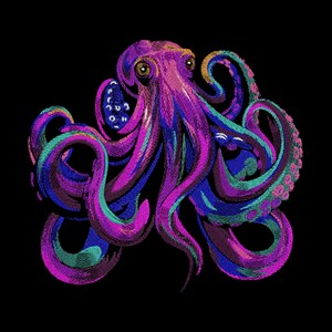 Pode incluir: Um polvo vibrante roxo e azul com oito tentáculos, bordado em um estilo detalhado e intrincado. O polvo é retratado com uma expressão caprichosa e brincalhona.