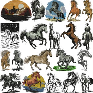 May include: A collection of horse illustrations in various styles. The images include horses in motion, rearing up, and with riders. The color palette ranges from black and white to shades of brown, gray, and gold. Some designs feature a sunset or starry night background.