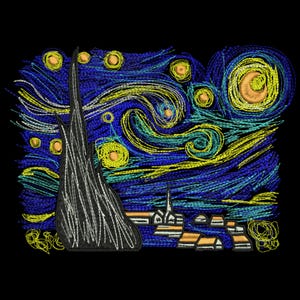 May include: Embroidered artwork depicting Vincent van Gogh's "Starry Night" painting. The artwork features a swirling night sky with a large yellow star and a dark blue cypress tree in the foreground.