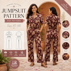 May include: A sewing pattern for a jumpsuit featuring a dark maroon fabric with a light beige tropical leaf print. The design includes a shirt collar, short sleeves, a button-up front, a belted waist, and functional chest and side pockets.