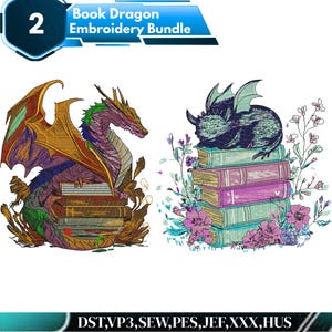 Puede incluir: Un paquete de diseños de bordado digital titulado Book Dragon Embroidery Bundle con dos ilustraciones de dragones. Un dragón morado y dorado posado sobre libros. El segundo es un dragón azul oscuro durmiendo sobre libros con flores.