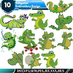 Può includere: Una collezione di 10 disegni da ricamo di alligatori in stile cartoon in varie pose, tra cui un alligatore su uno skateboard, uno con boccaglio e uno con cappello da Babbo Natale. Il testo "10 Alligator Embroidery Design" e i formati sono visibili.