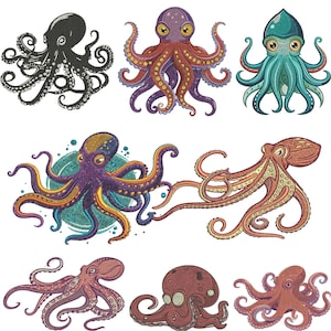 Octopus Embroidery Design, Octopus and Flowers Motif, Intricate Marine Pattern, Nautical Sea Life, Machine Embroidery Design