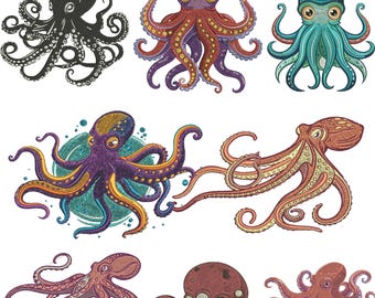 Diseño de bordado de pulpo, motivo de pulpo y flores, patrón marino intrincado, vida marina náutica, diseño de bordado a máquina