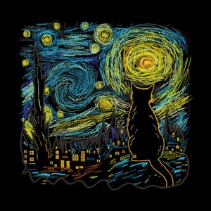 May include: A black cat sits in front of a stylized embroidery of Vincent van Gogh's Starry Night. The embroidery features swirling blue and yellow lines, a large yellow sun, and a dark blue sky with white stars.