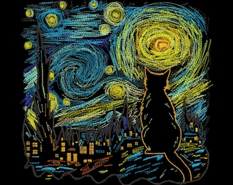 Katze Sternennacht Stickerei, Katzenstickerei, Katzenstickerei, Niedliche Katze Stickerei, Kätzchen Stickerei, Maschinenstickerei