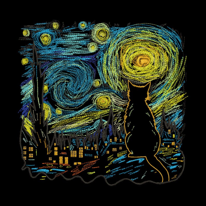 Cat Starry Night Embroidery Design, Cat Embroidery, Cat Sitting Embroidery, Cute Cat Embroidery, Kitten Embroidery, Machine embroidery design