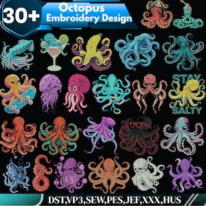 Puede incluir: Una colección de más de 30 diseños de bordado de pulpo con varios cefalópodos coloridos, incluyendo un pulpo en una copa de martini, en una patineta y con cabeza de calavera. El texto dice 30+ Octopus Embroidery Design y formatos de archivo.