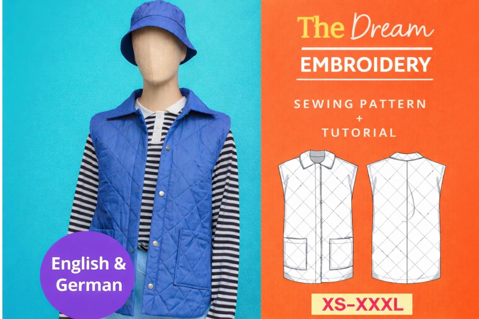 Quilted Denim Vest Sewing Pattern PDF, Sleeveless Jean Jacket Pattern ...