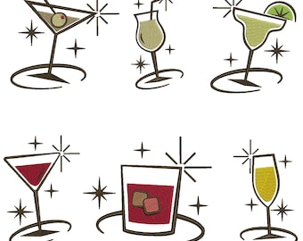 Cocktail Embroidery Design, Cocktail Recipe Embroidery, Martini Cocktail, Drink Embroidery, Beer Embroidery, Machine Embroidery Design