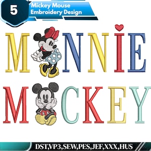May include: An embroidery design featuring the text MINNIE and MOCKEY in colorful block letters. The letter I in MINNIE is replaced by a red heart. Minnie Mouse replaces the first I, and Mickey Mouse replaces the O in MOCKEY.
