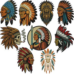 Puede incluir: Una colección de ilustraciones de nativos americanos con retratos detallados de jefes de perfil y de frente, adornados con elaborados tocados de plumas. La paleta de colores incluye tonos de marrón, naranja, azul y rojo, con algunos diseños que incorporan una calavera.