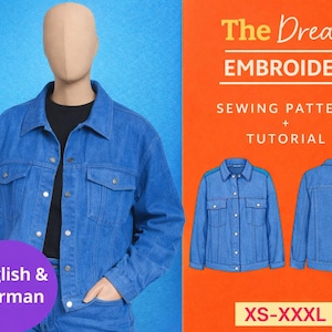 May include: A blue denim jacket with button closures and chest pockets is displayed on a mannequin. The image also features a sewing pattern and tutorial for the jacket, with the text "The Dream Embroidery". Sizes XS-XXXL are available.