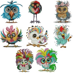 May include: Nine colourful embroidered bird designs with various features, including a blue bird with large eyes, a red and white owl, a brown owl with a pink bow, a rooster with a red comb, a white owl with a colourful crown, a blue bird with a red comb, a rooster with a pink bow and a colourful crown, and a rooster with a pink bow and a colourful crown.
