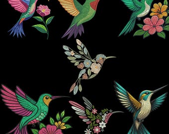 May include: Embroidered hummingbird designs in various colors, including green, pink, blue, and gold, with floral accents. The hummingbirds are depicted in flight, with detailed wing patterns and long beaks, set against a black background.