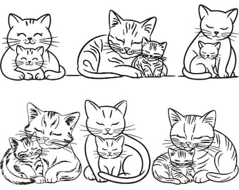 Katze Stickdatei, Katze und Kätzchen Stickdatei, Glückliche Katze Stickdatei, Line Art Katze Stickdatei, Tierstickerei, Maschinenstickerei