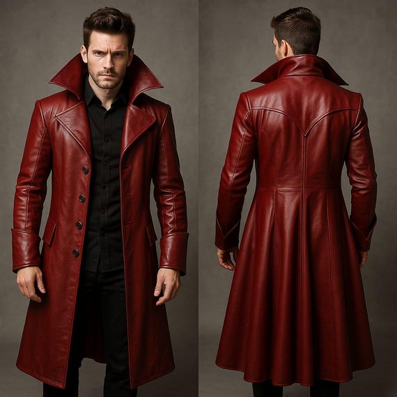 Handmade Men Leather Vampire Coat - Red Leather Men Gothic Coat