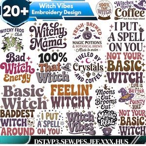 Pode incluir: Uma coleção de mais de 20 designs de bordado digital com tipografia e gráficos com tema de bruxas. As frases incluem Witchy Mama, Bad Witch Energy, 100% That Witch, Fueled by Crystals and Coffee e I Put a Spell on You em várias cores.