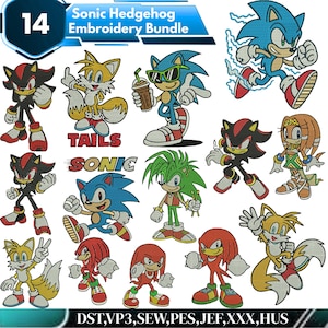 May include: A digital embroidery design collection titled Sonic Hedgehog Embroidery Bundle featuring fourteen distinct character illustrations including Sonic, Tails, Knuckles, and Shadow in various poses, with file formats listed as DST, VP3, SEW, PES, JEF, XXX, HUS.