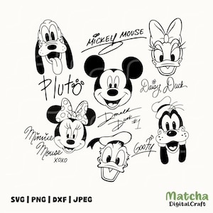 May include: Black and white line art illustrations of Mickey Mouse, Minnie Mouse, Donald Duck, Daisy Duck, Goofy, and Pluto. The characters are all smiling and have their names written next to them.