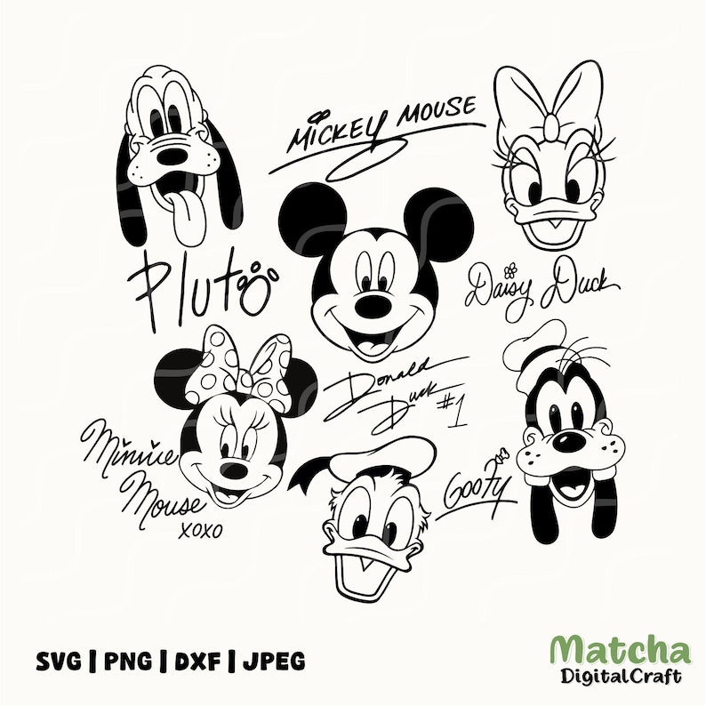 May include: Black and white line art illustrations of Mickey Mouse, Minnie Mouse, Donald Duck, Daisy Duck, Goofy, and Pluto. The characters are all smiling and have their names written next to them.