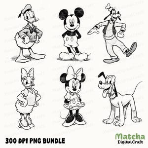 K&ouml;nnte beinhalten: Schwarz-Wei&szlig;-Strichzeichnung von sechs Disney-Charakteren: Donald Duck, Micky Maus, Goofy, Daisy Duck, Minnie Maus und Pluto. Der Text "300 DPI PNG BUNDLE" steht unten. Das Matcha Digital Craft-Logo befindet sich unten rechts.