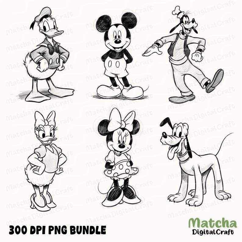K&ouml;nnte beinhalten: Schwarz-Wei&szlig;-Strichzeichnung von sechs Disney-Charakteren: Donald Duck, Micky Maus, Goofy, Daisy Duck, Minnie Maus und Pluto. Der Text "300 DPI PNG BUNDLE" steht unten. Das Matcha Digital Craft-Logo befindet sich unten rechts.