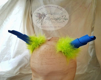 HORNS Furry Clip On BLUE and CHARTREUSE Fuzzy Lightweight Horns For Cosplay Halloween Dress up larp Dance Costume