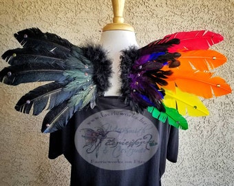 Feather Wings Black Rainbow Bird Fairy Wings Adult Child Faery Halloween Costume Dress up Faire Festival Bridal Wedding Cosplay Convention