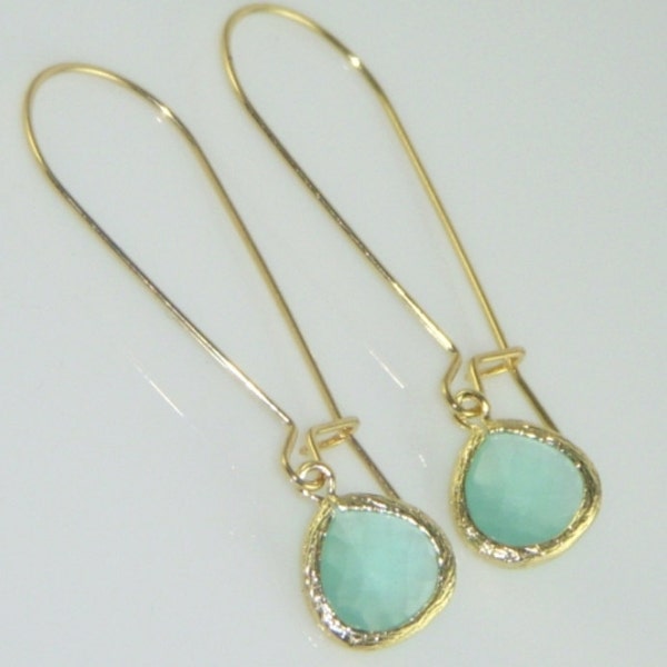 As Seen in Anthropologie -Aqua and Gold Bezel Earrings adorned on Gold Kidney Earwires