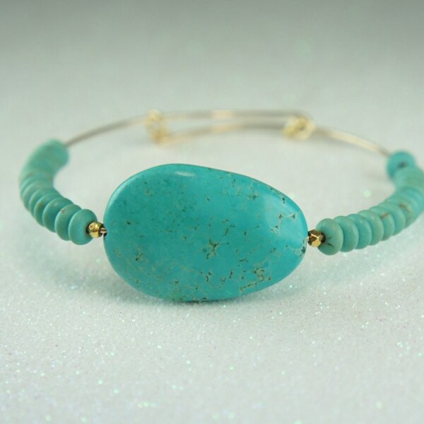 Adjustable Gold and Turquoise Bangle Bracelet, Stone Bangle, Stacking Bracelet, Layering, Free US Shipping
