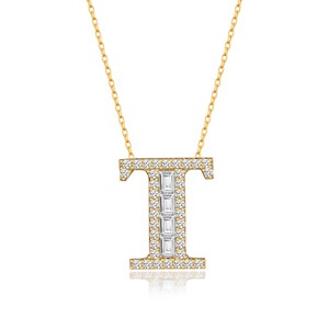Collar con letra T baguette de diamantes en oro de 14 quilates, collar con letra de oro, collar con inicial T, collar con letra T, collar con nombre, regalo para ella