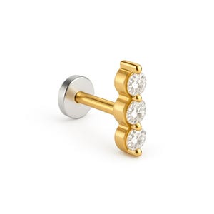 Diamond Trio Piercing in 14k Solid Gold, Screw Back Trio Gold Piercing, Cartilage Piercing, Tragus Piercing, Mother&#39;s Day Gift, Gift For Her